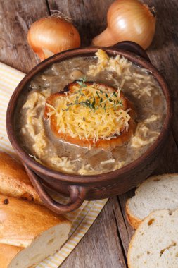 soğan çorbası ile kruton ve malzemeler. dikey