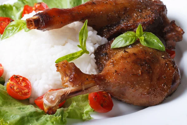 Gebratene Entenkeule mit Reis auf Salat Makro horizontal — Stockfoto