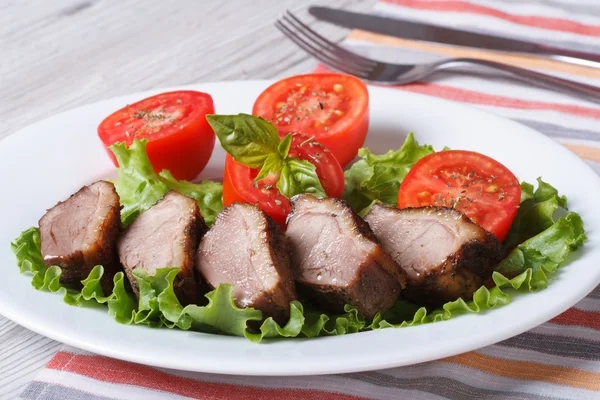 Duck meat fried with tomato and basil close-up horizontal — Stock Photo, Image