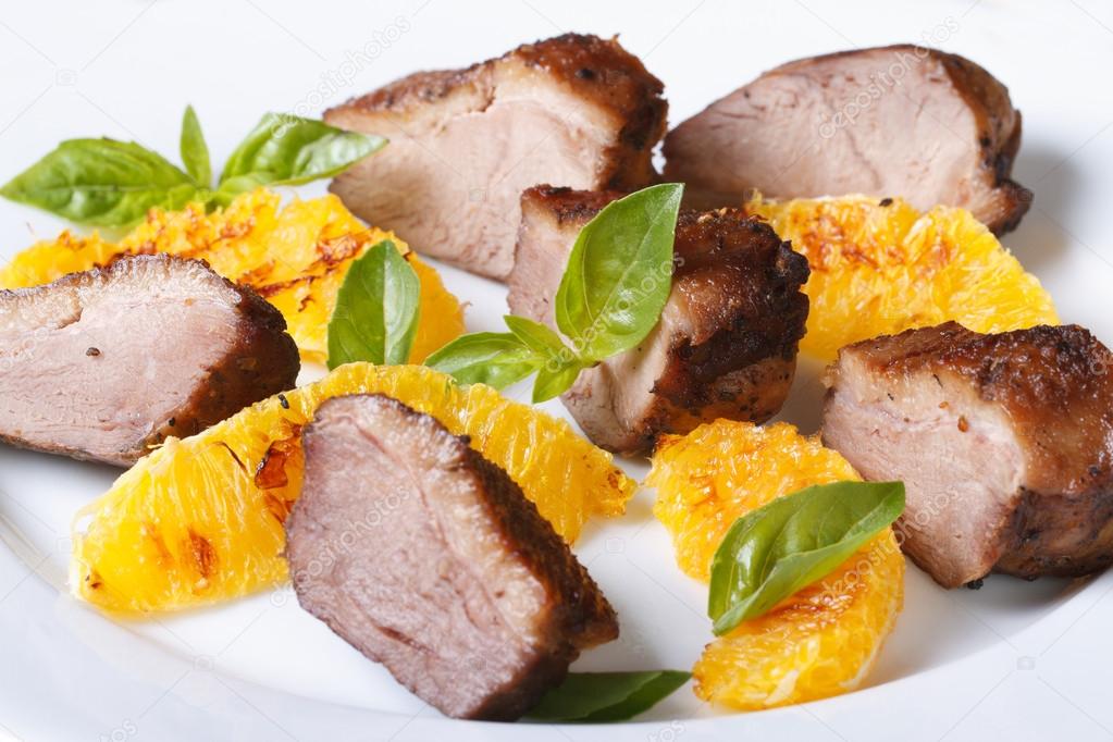 slices of roasted duck meat fillet with orange and basil