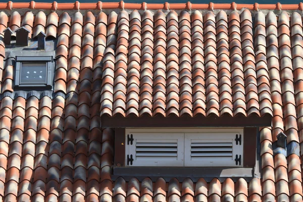 Finestra dormer chiuso in un tetto di piastrelle, orizzontale — Foto Stock