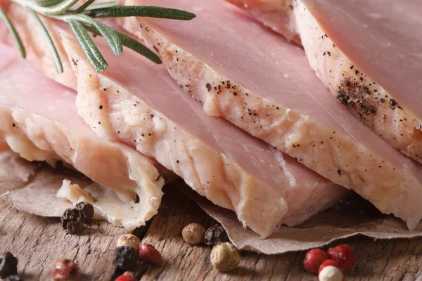 Sliced boiled pork macro on an old table. horizontal — Stock Photo, Image