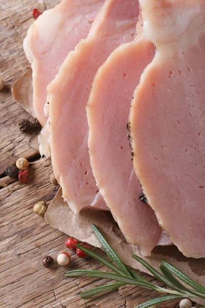 Sliced juicy roast pork meat. vertical — Stock Photo, Image