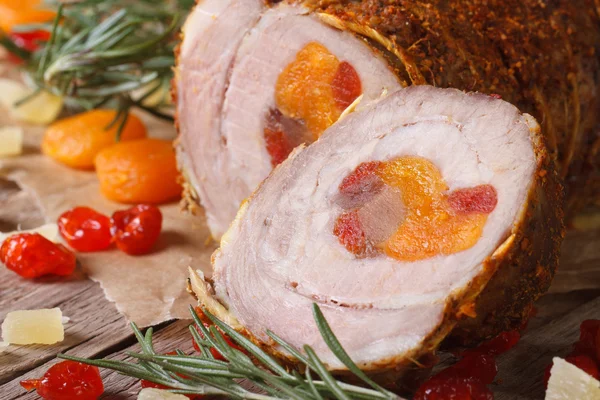 Roll pork stuffed with apricots, cherries and pineapple — Stock Photo, Image