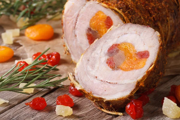 Meat pork roll with apricot, cherry and pineapple horizontal — Stock Photo, Image