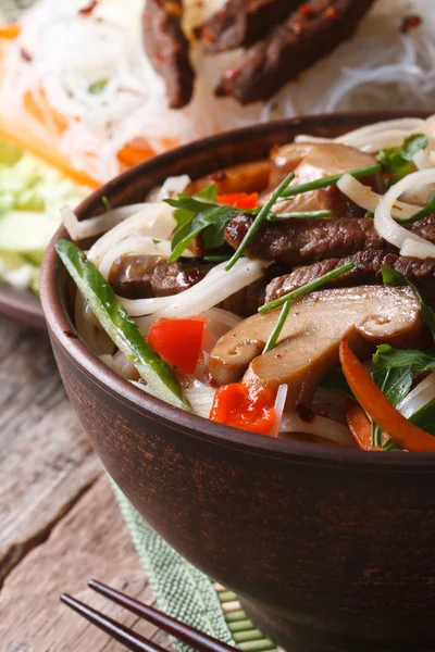 Cucina asiatica: tagliatelle di riso con shiitake, carne e verdure — Foto Stock