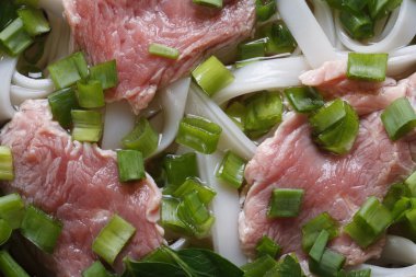 Sığır eti, pirinç noodle ve taze otlar makro Pho Bo çorbası