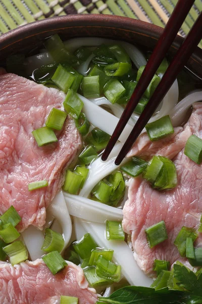 Soep met rundvlees, rijstnoedels en verse kruiden in een kom macro — Stockfoto