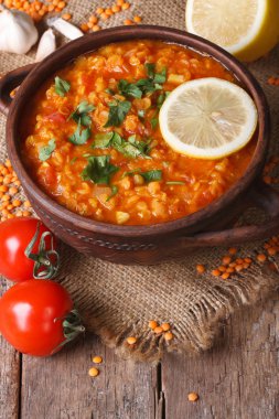 Kırmızı mercimek çorbası malzemeler dikey ile. Üstten Görünüm