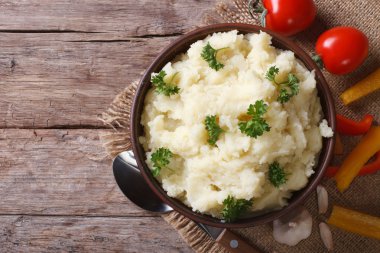 maydanoz closeup ile patates püresi. Yatay Üstten Görünüm 