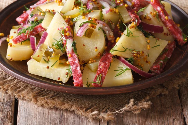 Kokt potatis med salami och kryddor närbild horisontella — Stockfoto