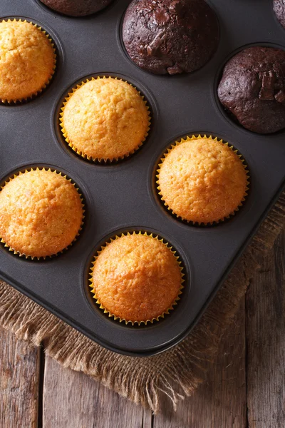 Schokolade und Vanille-Muffins in Backform Draufsicht vertikal — Stockfoto