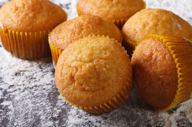 Narenciye lezzetli muffins makro, unlu masa üstü görünümü