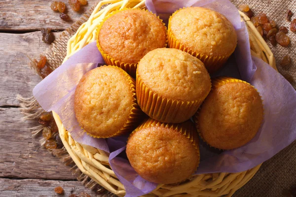 Oranje muffins en rozijnen close-up. horizontale bovenaanzicht — Stockfoto