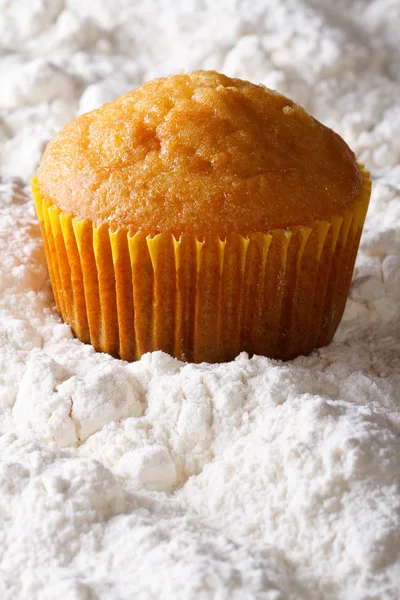 Muffin naranja primer plano en azúcar en polvo. vertical — Foto de Stock