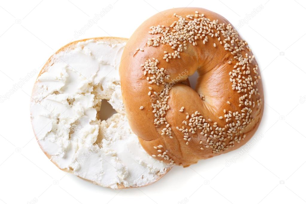 Bagel with cream cheese isolated on white background — Stock Photo