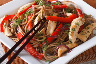 Yakisoba tavuk, sebze tabağı makro üzerinde. Yatay