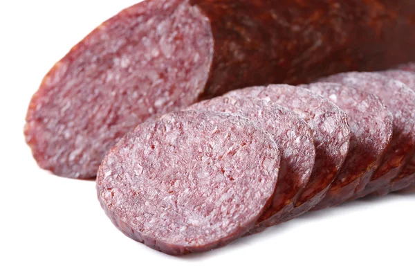 Fresh smoked sausage isolated on white. Horizontal close-up — Stock Photo, Image