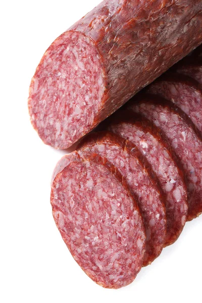 Räucherwurst isoliert auf weißem Hintergrund. vertikale Nahaufnahme — Stockfoto