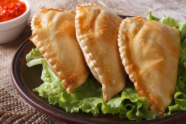 Empanadas on a plate with lettuce and sauce close up on the tabl — Stock Photo, Image
