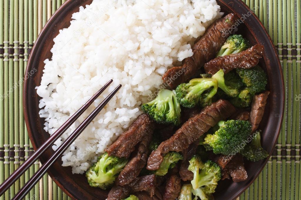 beef with broccoli and rice macro. horizontal top view