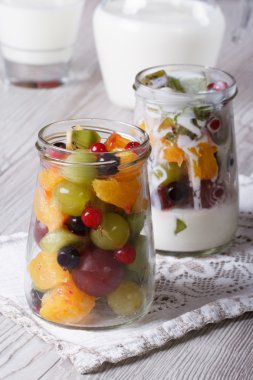 Bir cam kavanoz ve yoğurt taze meyve dikey kapatın