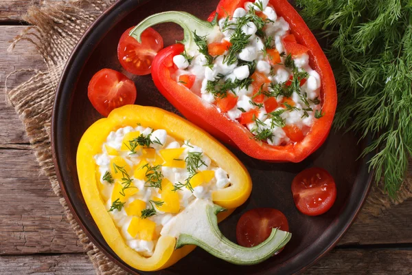 Peppers stuffed with curd and dill closeup top view horizontal — Stock Photo, Image