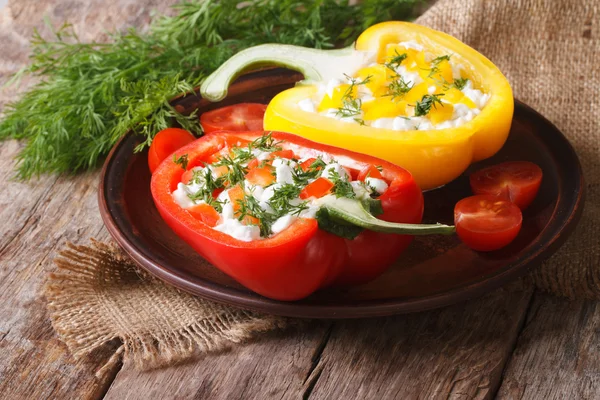 Fresh peppers filled with curd and dill close-up horizontal — Stock Photo, Image