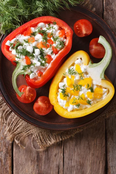 Peppers stuffed with curd and dill closeup top view vertical — Stock Photo, Image