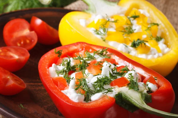 Fresh peppers filled with curd and dill close-up horizontal, rus — Stock Photo, Image