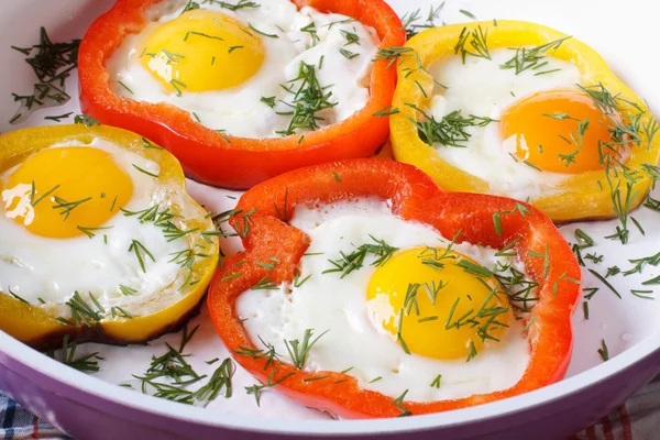 Fried eggs in yellow and red peppers macro — Stock Photo, Image