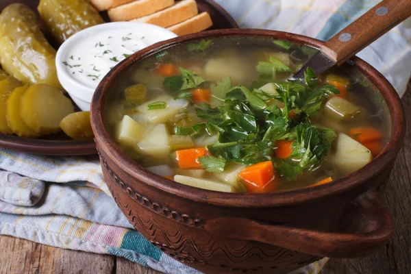 Польська огірок суп в коричневі миску макро — стокове фото