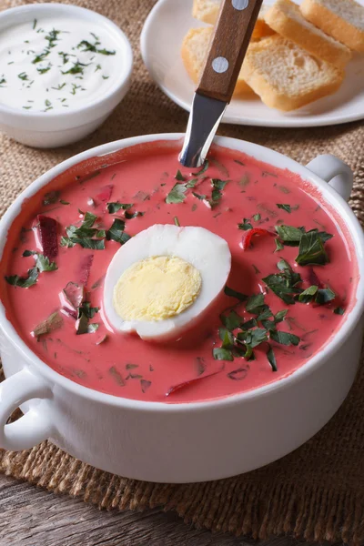 Kalte Rübensuppe mit Ei und Kräutern in Nahaufnahme. vertikal — Stockfoto