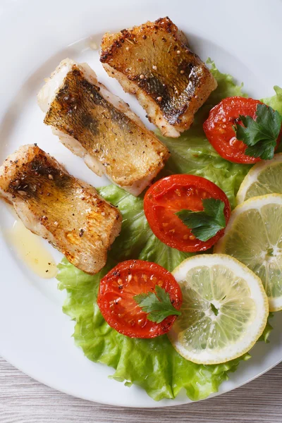 Perch fried fillet with vegetables. vertical top view — Stock Photo, Image