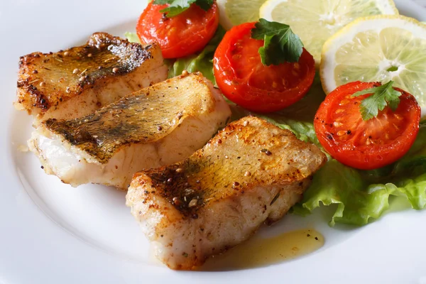 Perch fried fillet with vegetables. Horizontal close-up — Stock Photo, Image