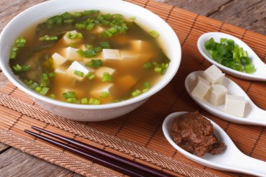 Japanese miso soup and ingredients close-up. horizontal clipart