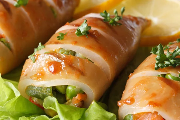 碳烤的鱿鱼塞满蔬菜沙拉宏上。水平 — 图库照片