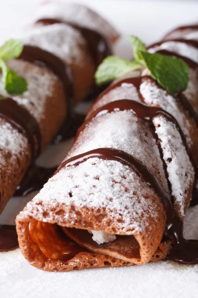 Schokoladen-Pfannkuchen mit Sauce und Minze-Makro. vertikal — Stockfoto