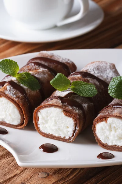 Delicious breakfast: chocolate crepes with ricotta vertical — Stock Photo, Image