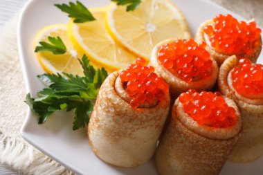 Bir tabak portre yatay üzerinde kırmızı havyar ile krep rulo
