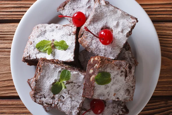 Brownies with cherries on plate. horizontal top view closeup — Stock Photo, Image