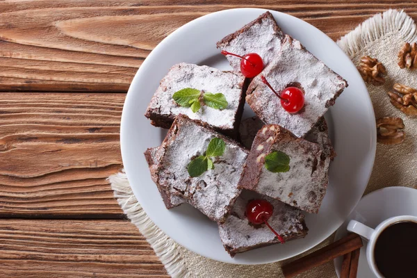 Chocolate cake brownie with walnuts horizontal top view — Stock Photo, Image