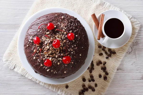 Chocolate cake and coffee horizontal top view — Stock Photo, Image