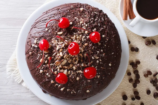 Chocolate cake and coffee horizontal top view closeup — Stock Photo, Image