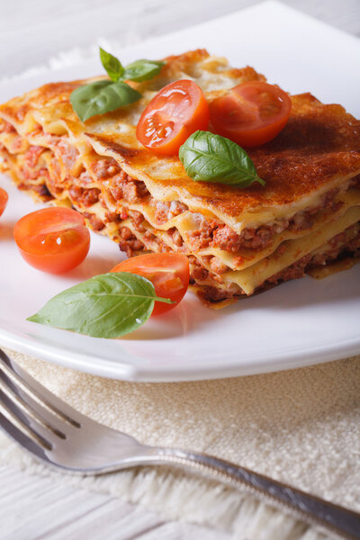  lasagna with basil and tomatoes  on a white plate. vertical