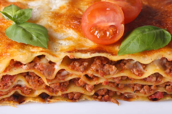 Tasty lasagna macro on a white plate, horizontal — Stock Photo, Image