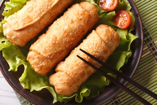 Spring rolls fried on lettuce with tomatoes horizontal top view — Stock Photo, Image