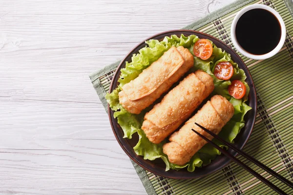 Rolos de primavera fritos em uma chapa com salada, vista superior horizontal — Fotografia de Stock