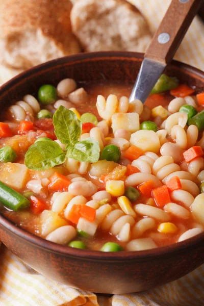 Sopa minestrone italiana en un bol macro. Vertical — Foto de Stock