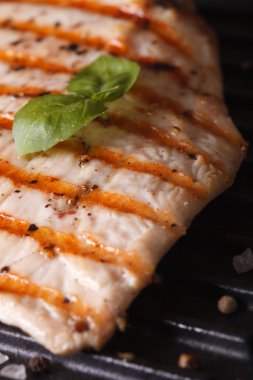 Izgara makro üzerinde Fesleğenli tavuk göğsü. dikey